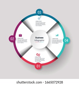 four circle elements with paper icons and place for text to circle white paper. The concept of 4 business development features. Infographic design template. Vector illustration.