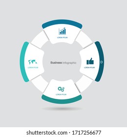 vier Kreiselelemente mit Papiersymbolen und Platz für Text, um Weißpapier zu umkreisen. Das Konzept von 4 Business Development Features. Infografische Design-Vorlage. Vektorillustration.