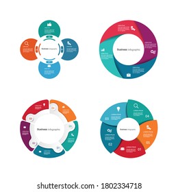 four circle elements with paper icons and place for text to circle white paper. The concept of  business development features. Infographic design template. Vector illustration.