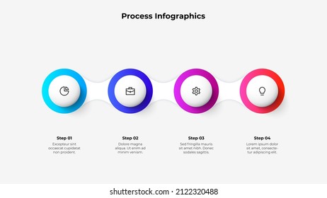 Four circles are arranged in a horizontal row interconnected. Slide for business presentation. Vector infographic design illustration with 4 steps.