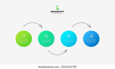 Four circles are arranged in a row with doodle arrows. Concept of 4 steps of business timeline. Creative infographic design template