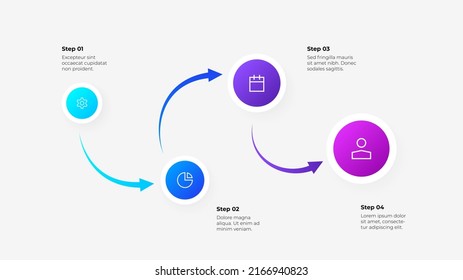 Four circles with arrows. Process infographic illustration. Growth example with 4 steps.
