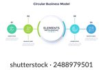 Four circles connected to main circular element. Concept of 4 features of business project to compare. Simple flat infographic vector illustration for information analysis, presentation, report.