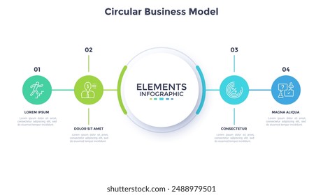 Cuatro círculos conectados al elemento circular principal. Concepto de 4 características del proyecto empresarial a comparar. Ilustración vectorial infográfica plana simple para análisis de información, presentación, informe.