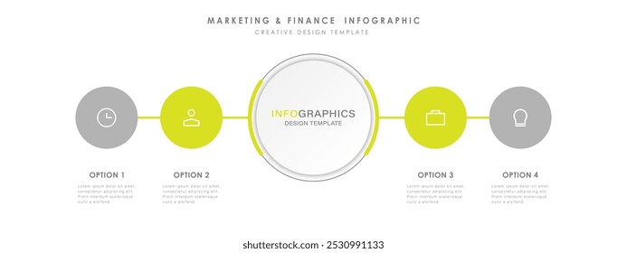 Cuatro círculos conectados al elemento circular principal. Concepto de 4 características del proyecto empresarial a comparar. Ilustración vectorial de infografía para análisis de información, presentación, informe.