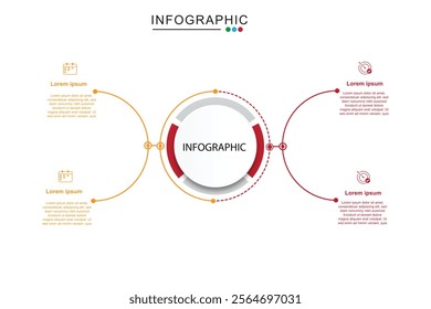 Four circles connected to main circular element. Concept of 4 features of business project to compare. Simple flat infographic vector illustration for