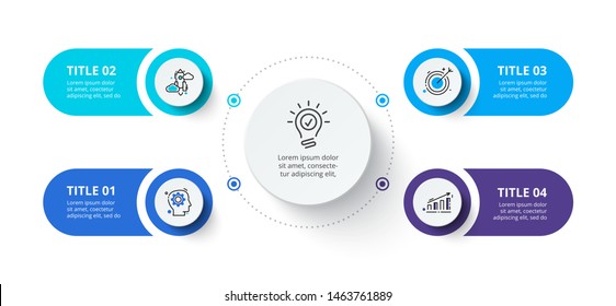 Elementos de infográfico de quatro círculos. Modelo de negócios para apresentação. Conceito de fluxograma vetorial com 4 opções ou etapas.