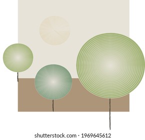 four circles making a landscape of trees and sun