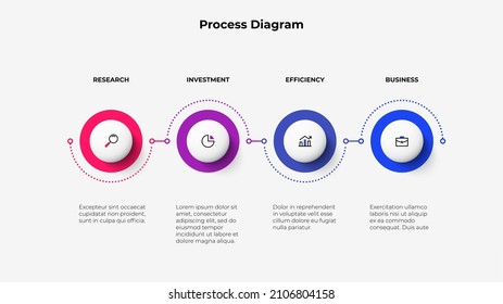 Four circles placed in horizontal row connected by a curved line. Concept of 4 stages of marketing strategy. Modern flat infographic design template.