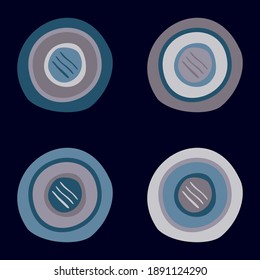 cuatro círculos (puntos de polka) de estilo folclórico en tonos desnudos sobre un fondo azul
