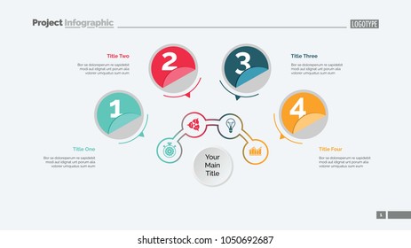 Four circles process chart slide template. Business data. Structure, diagram, design. Creative concept for infographic, presentation, report.