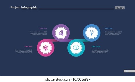 Four circles process chart slide template. Business data. Option, diagram, design. Creative concept for infographic, presentation. Can be used for topics like management, strategy, planning.