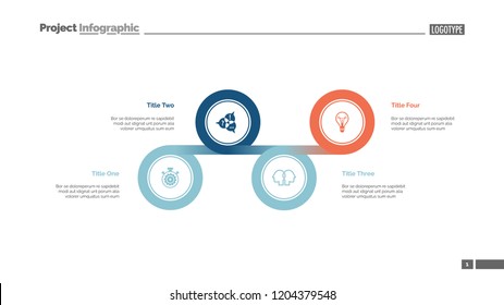 Four circles process chart slide template. Business data. Option, diagram, design. Creative concept for infographic, presentation. Can be used for topics like management, strategy, planning.