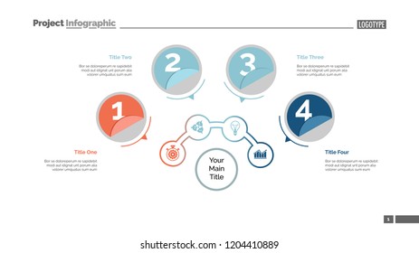 Four circles process chart slide template. Business data. Structure, diagram, design. Concept for infographic, presentation, report. Can be used for topics like marketing, recruitment, analytics.