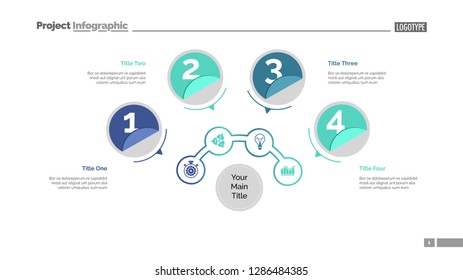 Four circles process chart slide template. Business data. Structure, diagram, design. Concept for infographic, presentation, report. Can be used for topics like marketing, recruitment, analytics.