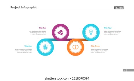 Four circles process chart slide template. Business data. Option, diagram, design. Creative concept for infographic, presentation. Can be used for topics like management, strategy, planning.