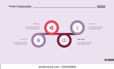 Four circles process chart slide template. Business data. Option, diagram, design. Creative concept for infographic, presentation. Can be used for topics like management, strategy, planning.