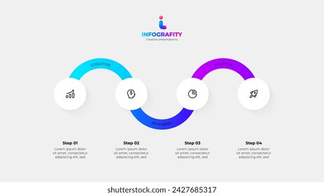 Four circles with zigzag line. Infographic timeline visualization data with 4 steps, options and parts