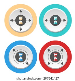 Four circular abstract colored icons and sand glass