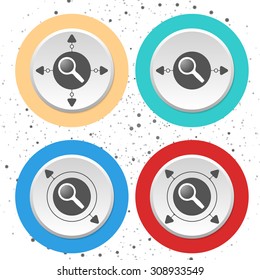 Four circular abstract colored icons and magnifier