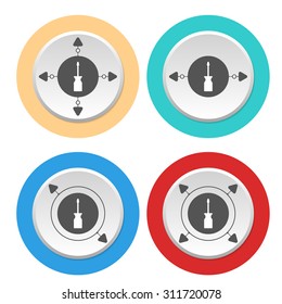 Four circular abstract colored icons and screwdriver