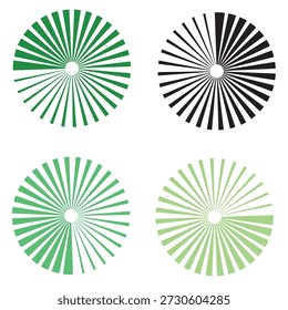 Four circular abstract designs featuring radial lines emanating from a central point. Two are solid green, one is black and white, and one is a gradient of green.