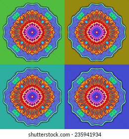 Four circular arabesque on a multicolored background. Handmade.