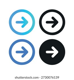Cuatro iconos de flecha circular apuntando a la derecha en colores azul, blanco y negro ilustración minimalista moderna con estilo de diseño plano en contraste
