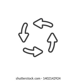 Four circular arrows line icon. linear style sign for mobile concept and web design. 4 rotation arrows outline vector icon. Symbol, logo illustration. Vector graphics