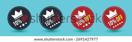 Four circular badge vectors displaying 10% OFF with a crown and stars. The badges are navy and red colored with blue background.