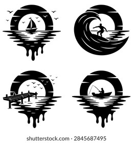 Four circular black and white vector designs depicting nautical scenes - a sailboat, a surfer on a wave, a wooden pier, and a person fishing in a boat. vector illustration