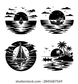 Four circular black and white vector art pieces depicting marine views with sailboats, a fishing boat, a tropical island, sunsets, and birds. vector illustration