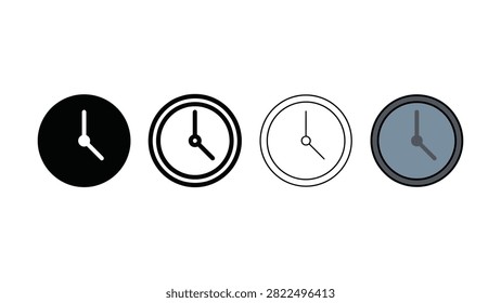 Four circular clock faces are depicted sidebyside showing different styles of timekeeping icons
