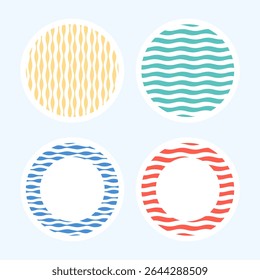 Four circular elements with abstract wavy or geometric stripe patterns in yellow, teal, blue, and red. Ideal for backgrounds, decorative accents, or modern designs.