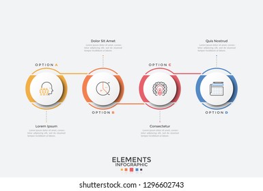 Four circular elements arranged in horizontal row and connected. Modern infographic design template. Concept of 4 stages of business process. Vector illustration for presentation, report, banner.