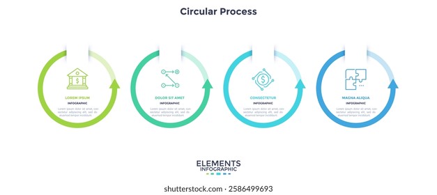 Four circular elements with arrows placed in horizontal row. Concept of 4 steps of project development process. Modern flat infographic design template. Minimal vector illustration for banner.