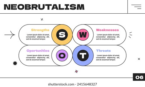 Four circular elements in neobrutalism style. Concept of SWOT-analysis or strategic planning technique. Infographic scheme design template. Vector illustration.
