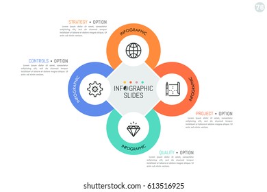 Four circular elements with pictograms inside placed around square in center. Project management and task control concept. Minimal infographic design layout. Vector illustration for report, website.