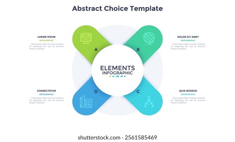 Four circular elements placed around main circle. Concept of 4 steps of startup project development. Flat infographic design template. Simple vector illustration for business data visualization.