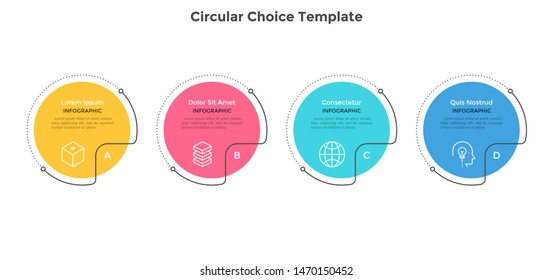 Four circular elements placed in horizontal row. Concept of 4 steps or stages of business development process. Simple infographic design template. Vector illustration for progress bar, brochure.