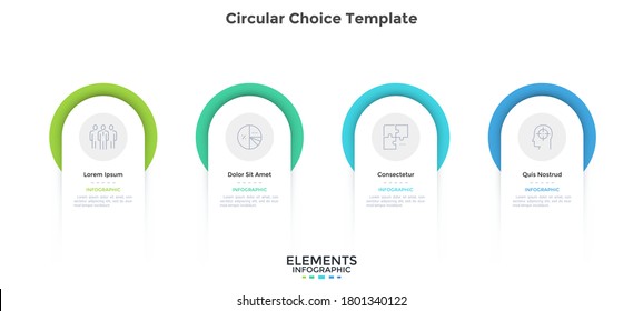 Four circular elements placed in horizontal row. Concept of 4 steps of startup project development. Flat infographic design template. Simple vector illustration for business data visualization.