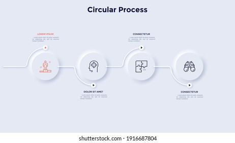 Four circular elements placed in horizontal row and arrows bending around them. Concept of 4 steps of business data processing. Neumorphic infographic design template. Modern flat vector illustration.