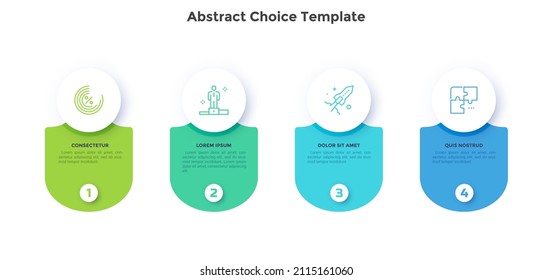 Four circular elements placed in horizontal row. Concept of 4 successive steps to startup project launch. Modern flat abstract vector illustration for business data analysis, statistical report.