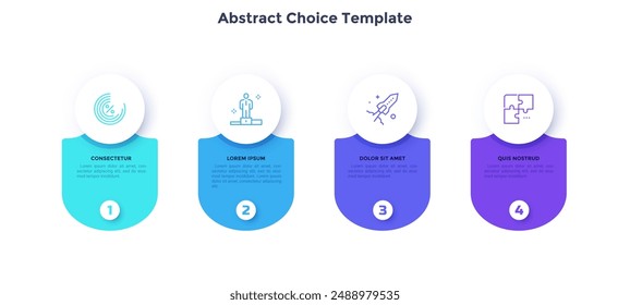 Four circular elements placed in horizontal row. Concept of 4 successive steps to startup project launch. Modern flat abstract vector illustration for business data analysis, statistical report.