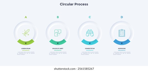 Four circular elements placed in horizontal row. Concept of 4 steps to startup project launch. Neumorphic infographic design template. Modern flat vector illustration for business presentation.