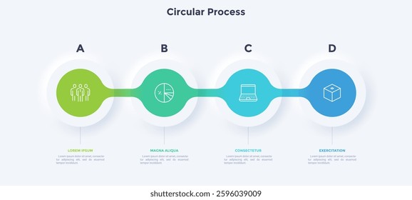 Four circular elements placed in horizontal row. Concept of 4 steps to startup project launch. Neumorphic infographic design template. Modern flat vector illustration for business presentation.