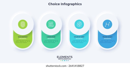 Four circular elements placed in horizontal row. Concept of 4 steps to startup project launch. Neumorphic infographic design template. Modern flat vector illustration for business presentation.