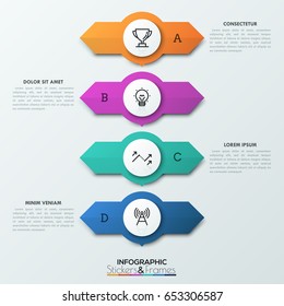 Four circular elements placed one above other with two arrows pointing in opposite directions, letters and text boxes. 4 double-sided pointers concept. Infographic design layout. Vector illustration.