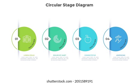 Four circular elements with pointers placed in horizontal row. Concept of 4 steps of project development process. Modern flat infographic design template. Minimal vector illustration for banner.