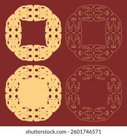Four circular geometric designs. Lace, doilies, laser cut, stencil, clip art. Deep red and Light gold. Symmetrical patterns. Intricate line work. Flat vector illustration. Decorative elements.